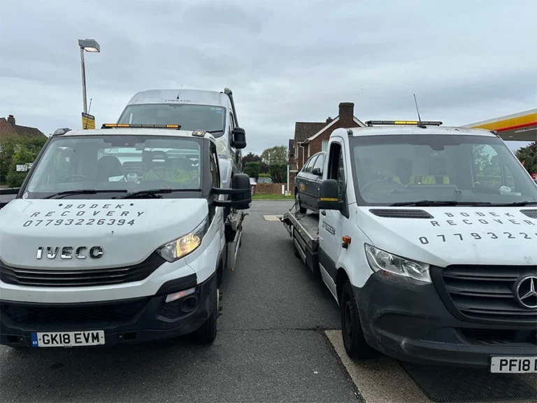 Bodek Recovery fleet in Acton: Two recovery trucks prepared for emergency car and van recovery.